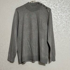Calvin Klein Silver Gray Sparkle Metallic Mock Neck Sweater Top Gold Buttons XL‎